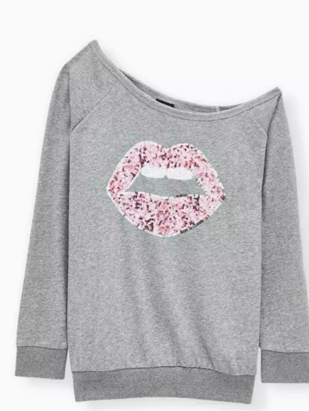 Breast Cancer Awareness - Sequin Lips Grey Terry Off Shoulder Sweatshirt